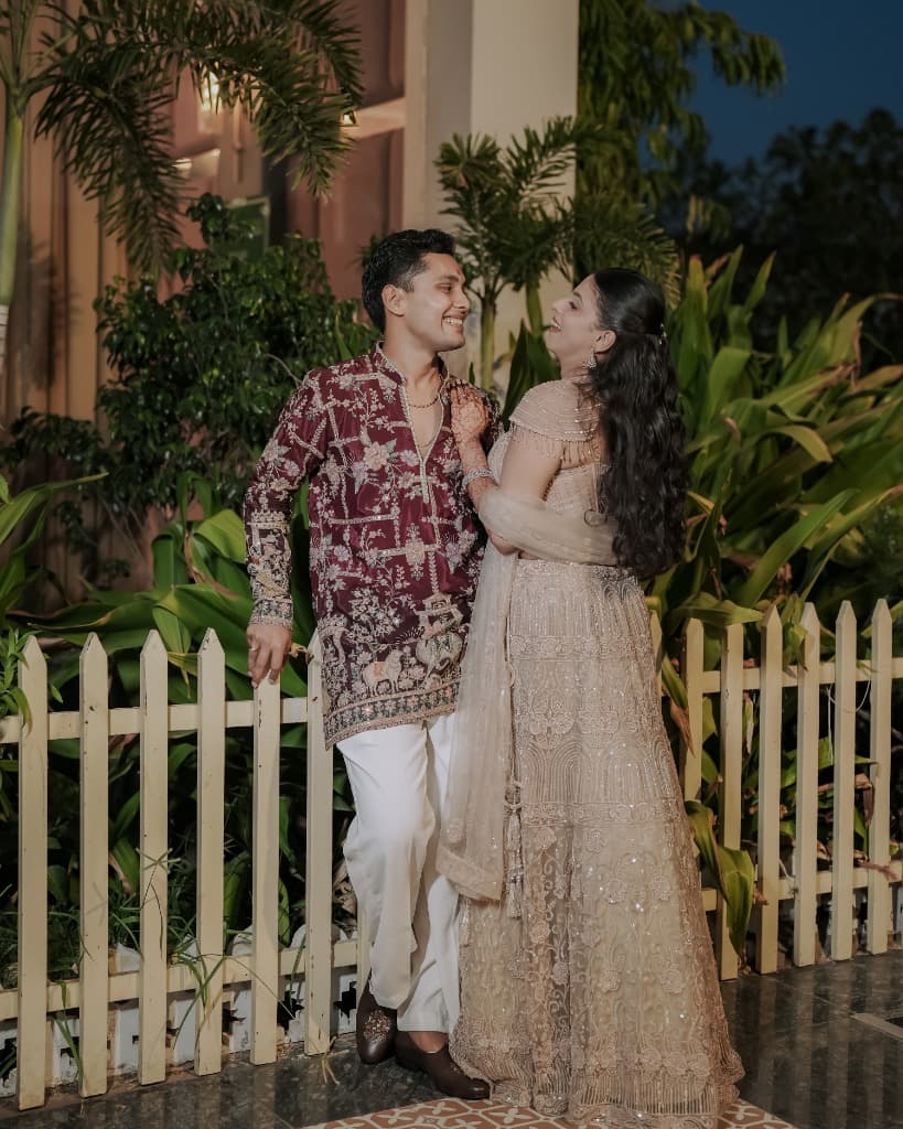 Engaged couple romantic portrait during engagement shoot, Jaipur heritage