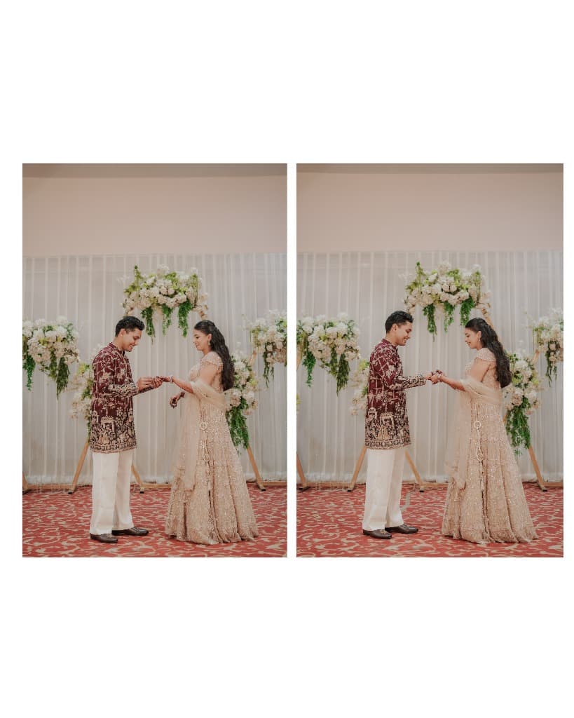 Couple embracing in a grand hall